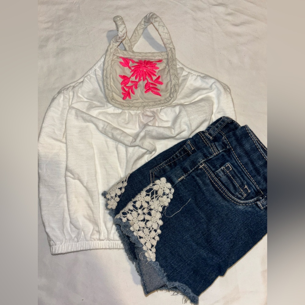 Kids White and Pink Floral Top with Denim Shorts Set